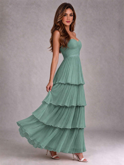 Strapless A-Line Chiffon Tiered Pleated Floor-Length Wedding Guest Dress
