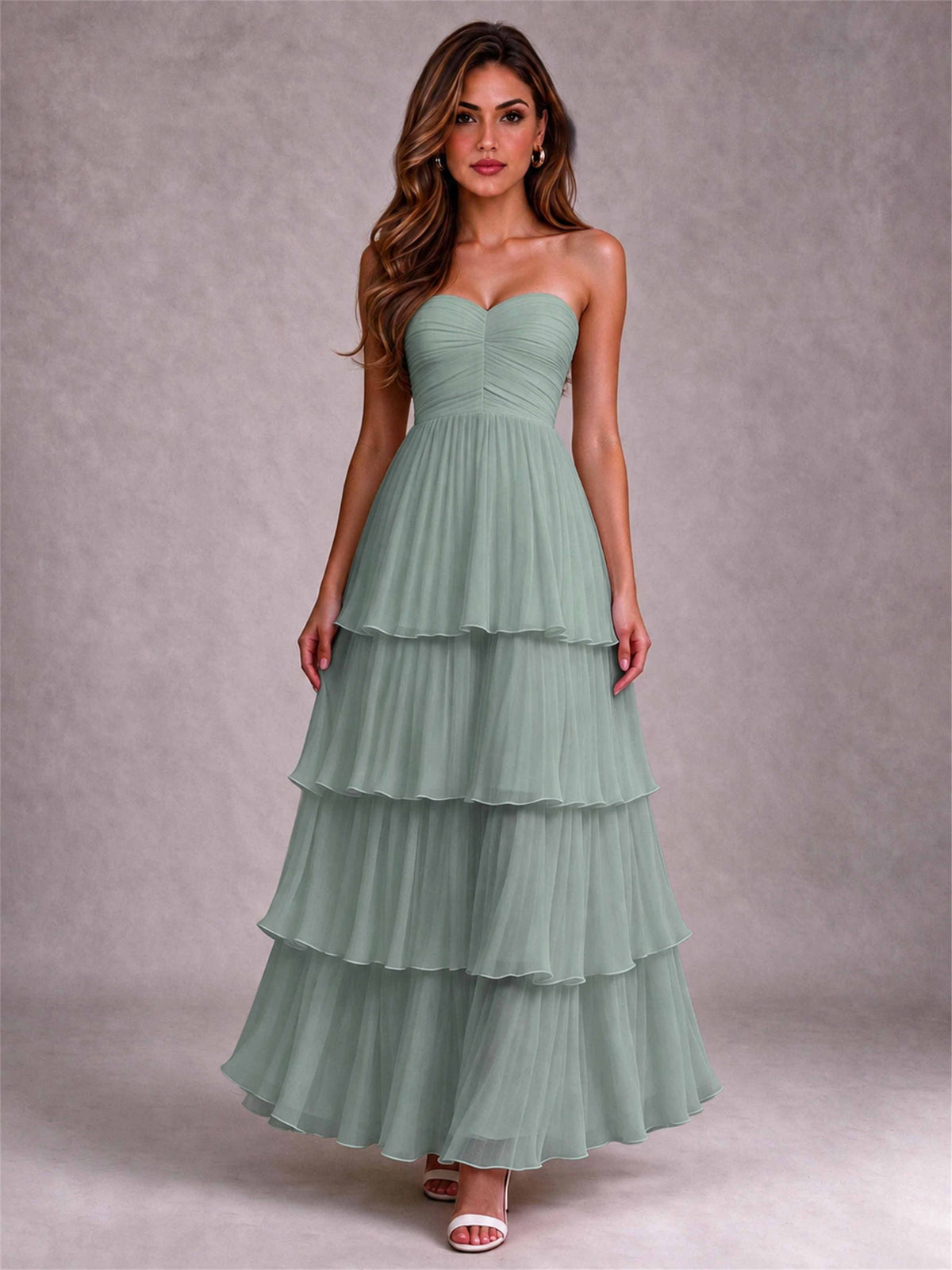 Strapless A-Line Chiffon Tiered Pleated Floor-Length Wedding Guest Dress