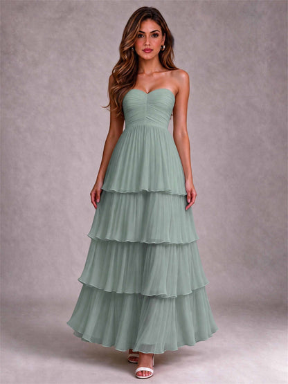Strapless A-Line Chiffon Tiered Pleated Floor-Length Wedding Guest Dress