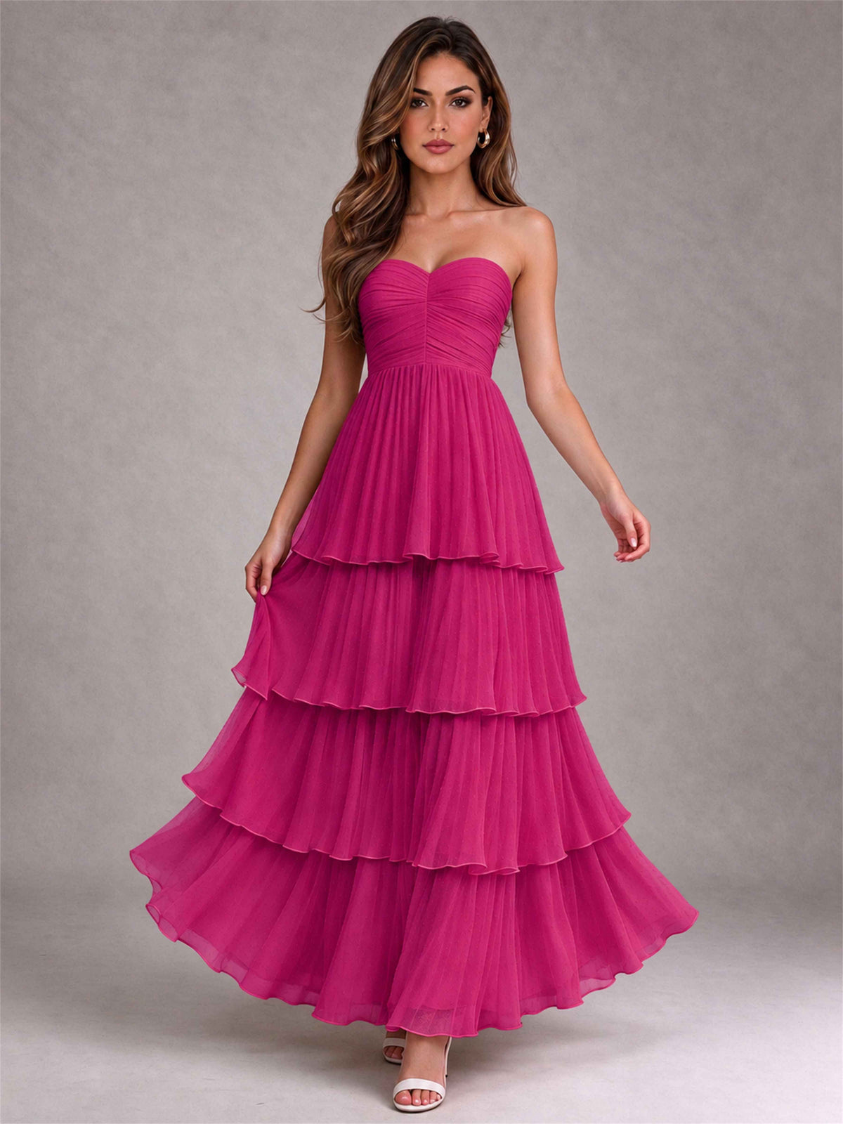 Strapless A-Line Chiffon Tiered Pleated Floor-Length Wedding Guest Dress