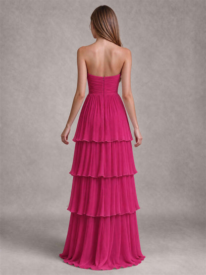 Strapless A-Line Chiffon Tiered Pleated Floor-Length Wedding Guest Dress