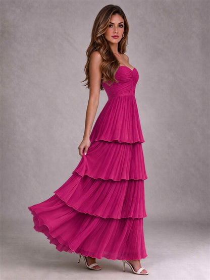 Strapless A-Line Chiffon Tiered Pleated Floor-Length Wedding Guest Dress