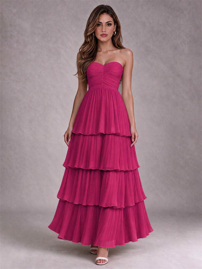 Strapless A-Line Chiffon Tiered Pleated Floor-Length Wedding Guest Dress