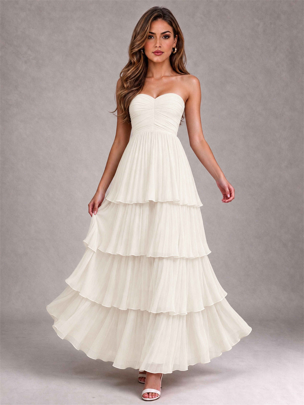 Strapless A-Line Chiffon Tiered Pleated Floor-Length Wedding Guest Dress