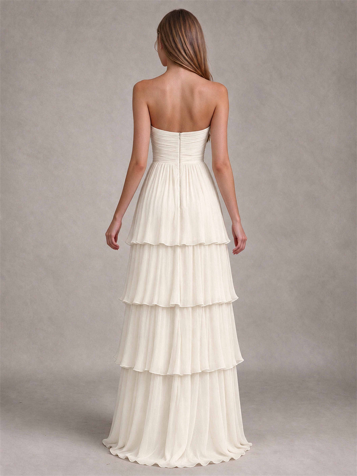 Strapless A-Line Chiffon Tiered Pleated Floor-Length Wedding Guest Dress