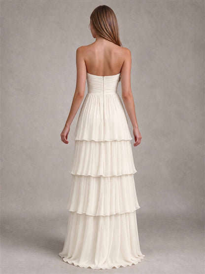 Strapless A-Line Chiffon Tiered Pleated Floor-Length Wedding Guest Dress