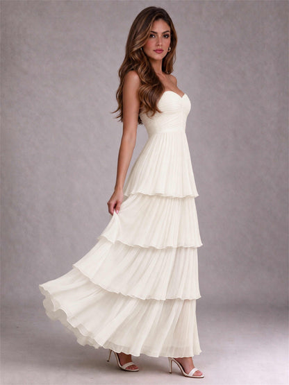 Strapless A-Line Chiffon Tiered Pleated Floor-Length Wedding Guest Dress