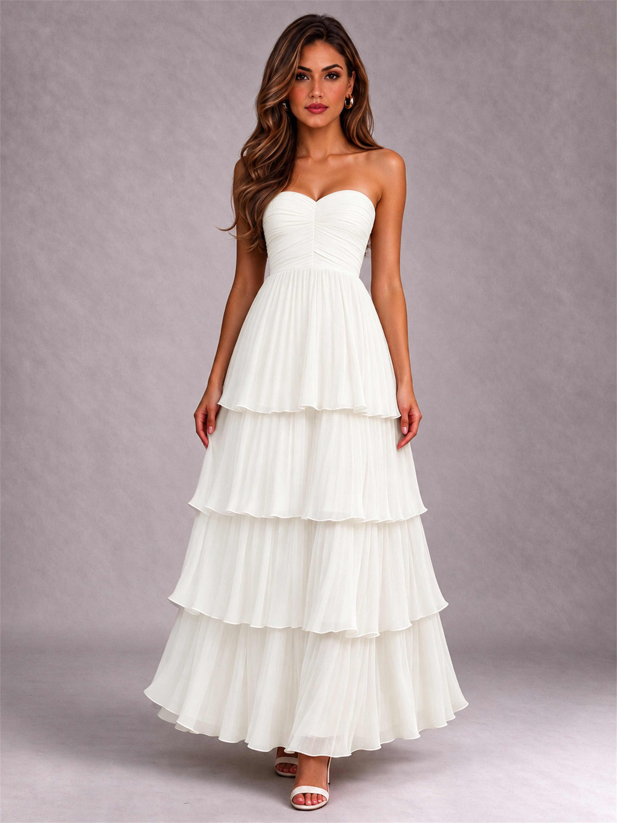 Strapless A-Line Chiffon Tiered Pleated Floor-Length Wedding Guest Dress