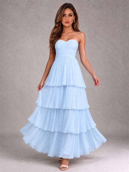 Strapless A-Line Chiffon Tiered Pleated Floor-Length Wedding Guest Dress