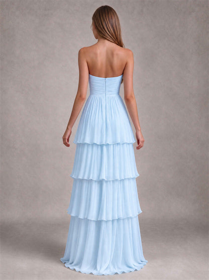 Strapless A-Line Chiffon Tiered Pleated Floor-Length Wedding Guest Dress