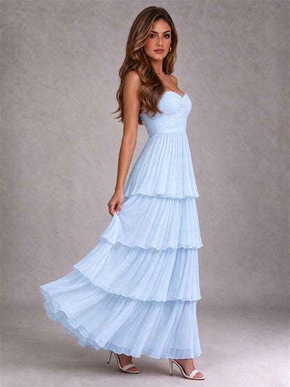 Strapless A-Line Chiffon Tiered Pleated Floor-Length Wedding Guest Dress
