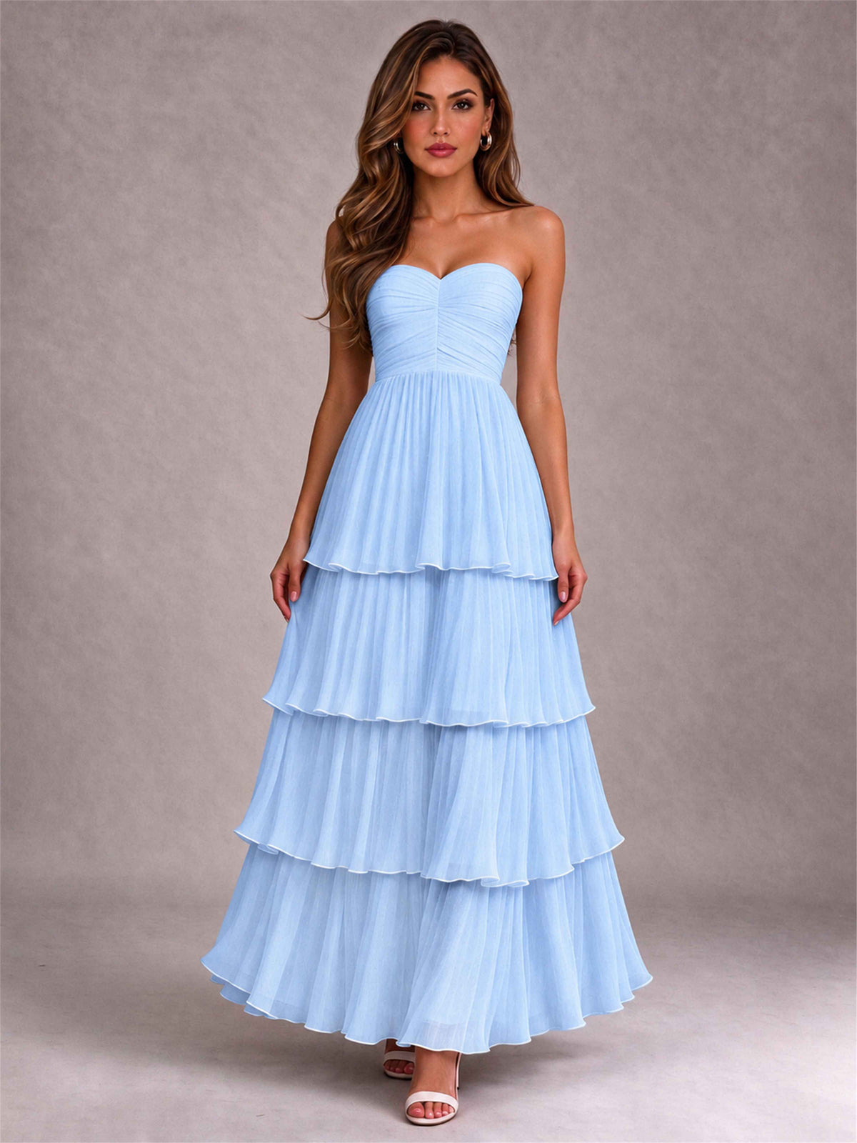 Strapless A-Line Chiffon Tiered Pleated Floor-Length Wedding Guest Dress