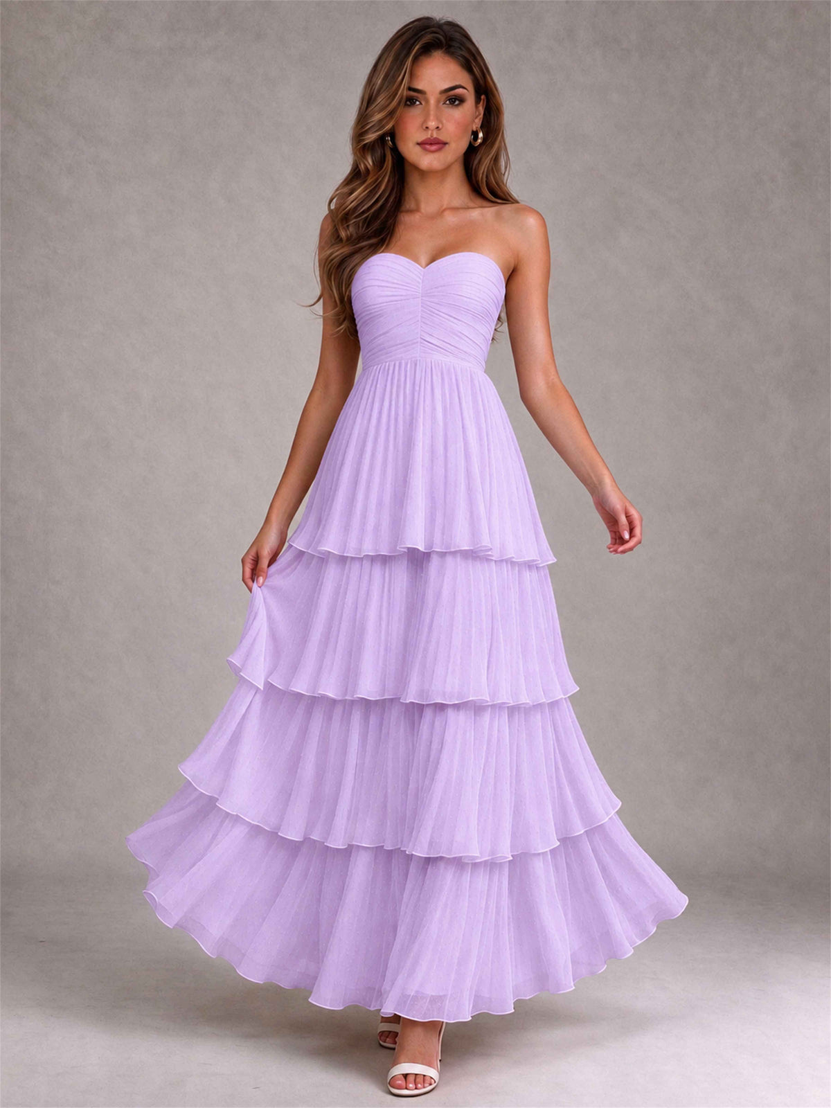 Strapless A-Line Chiffon Tiered Pleated Floor-Length Wedding Guest Dress