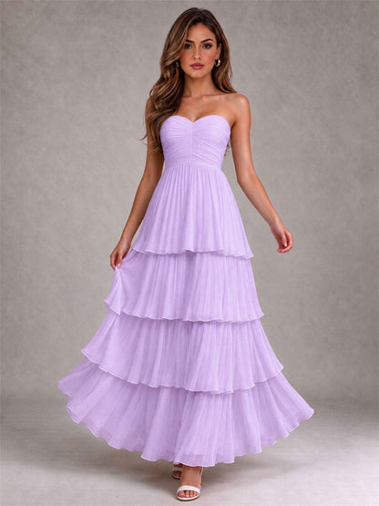 Strapless A-Line Chiffon Tiered Pleated Floor-Length Wedding Guest Dress