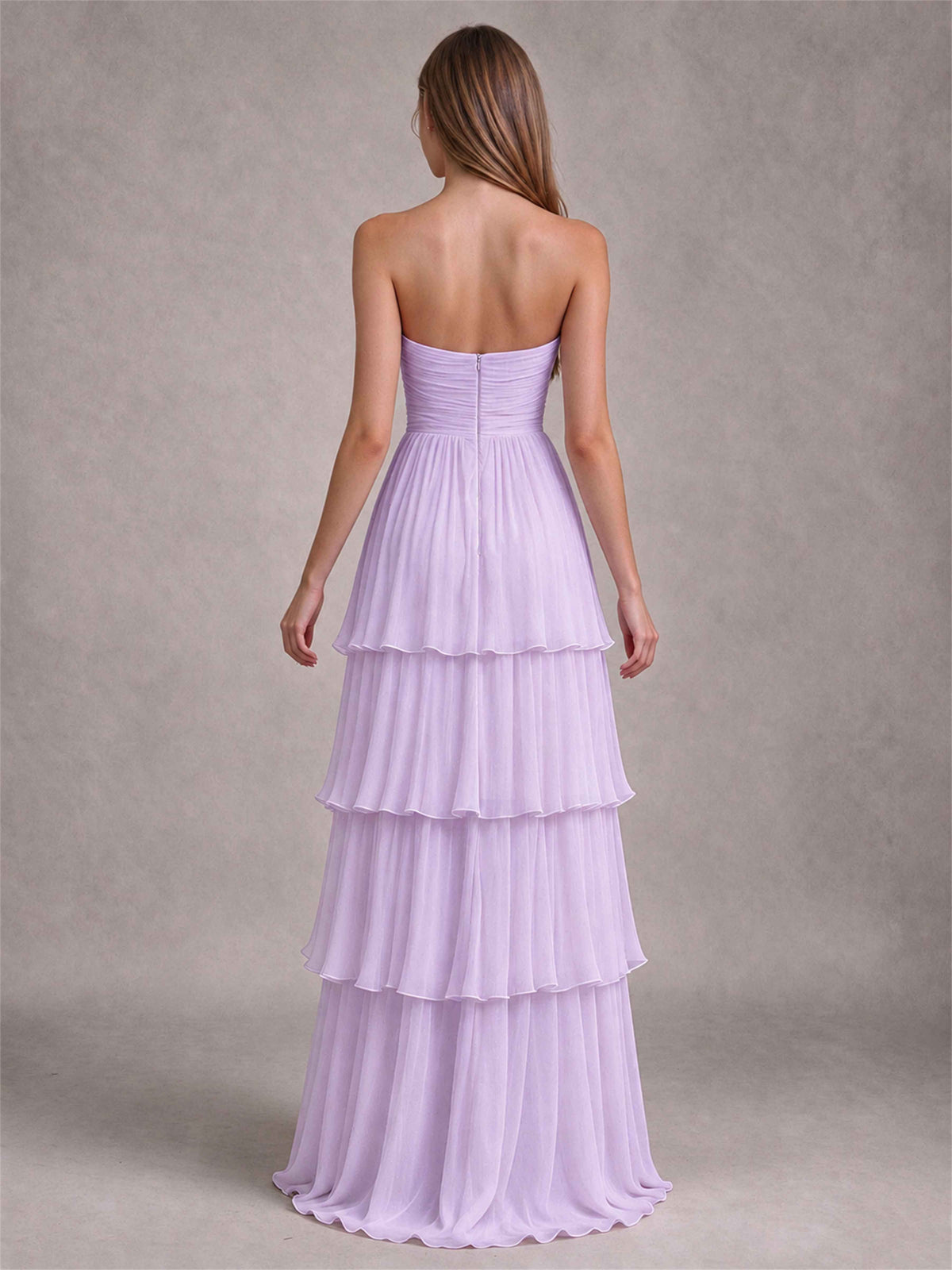 Strapless A-Line Chiffon Tiered Pleated Floor-Length Wedding Guest Dress