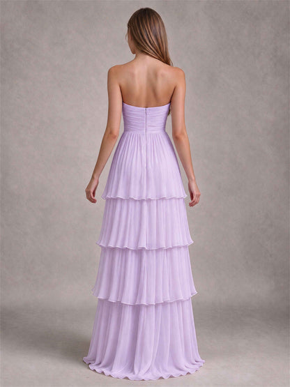 Strapless A-Line Chiffon Tiered Pleated Floor-Length Wedding Guest Dress