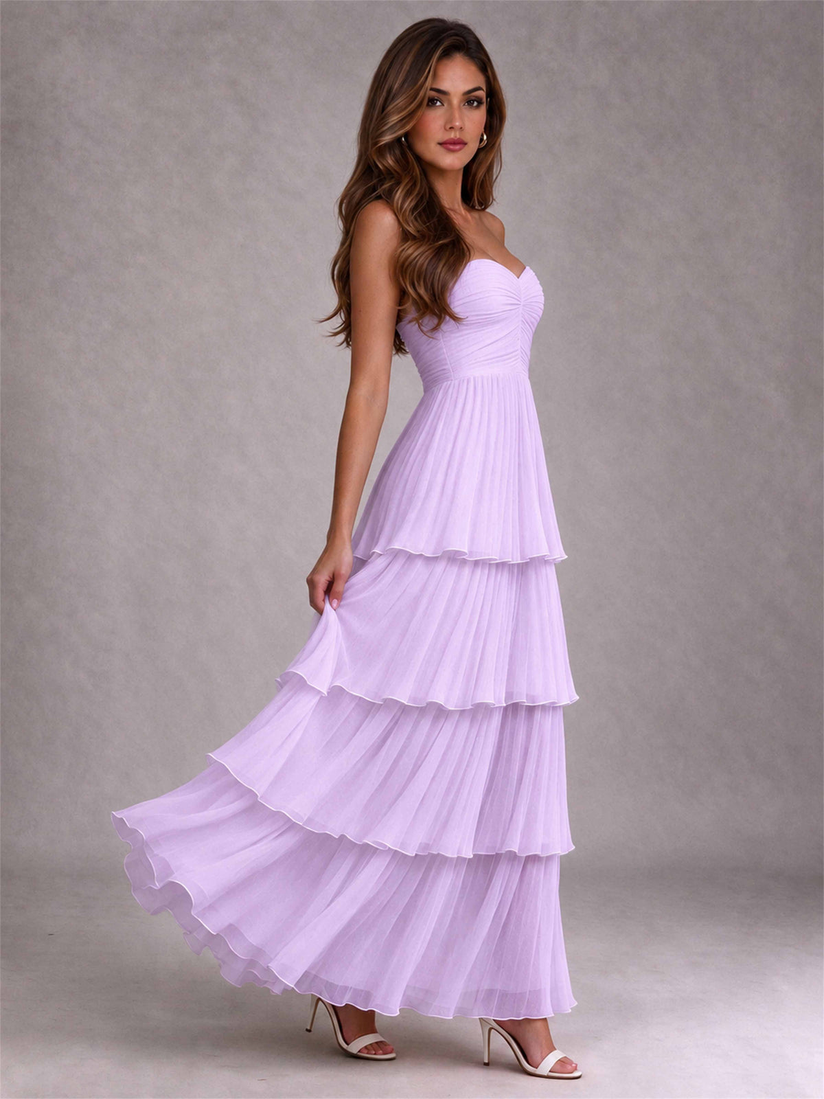 Strapless A-Line Chiffon Tiered Pleated Floor-Length Wedding Guest Dress