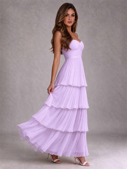 Strapless A-Line Chiffon Tiered Pleated Floor-Length Wedding Guest Dress