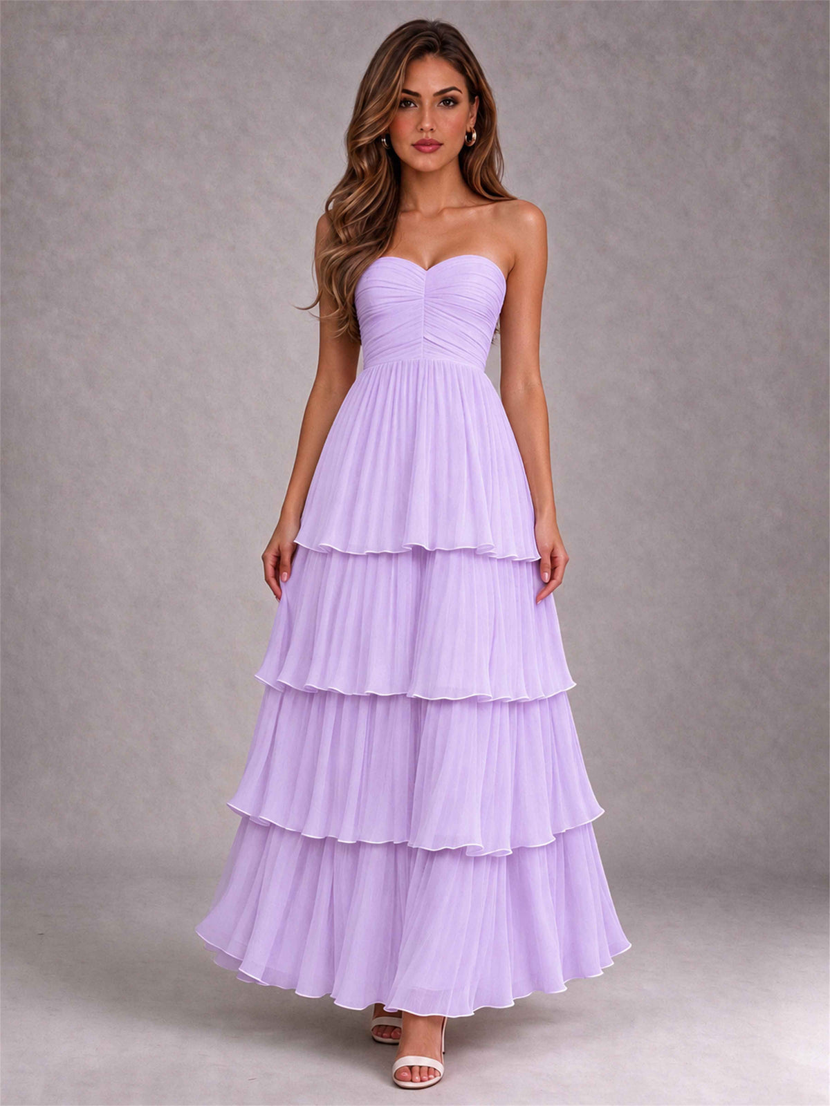 Strapless A-Line Chiffon Tiered Pleated Floor-Length Wedding Guest Dress