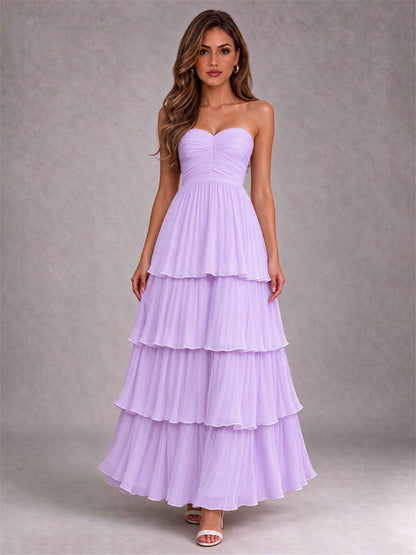 Strapless A-Line Chiffon Tiered Pleated Floor-Length Wedding Guest Dress