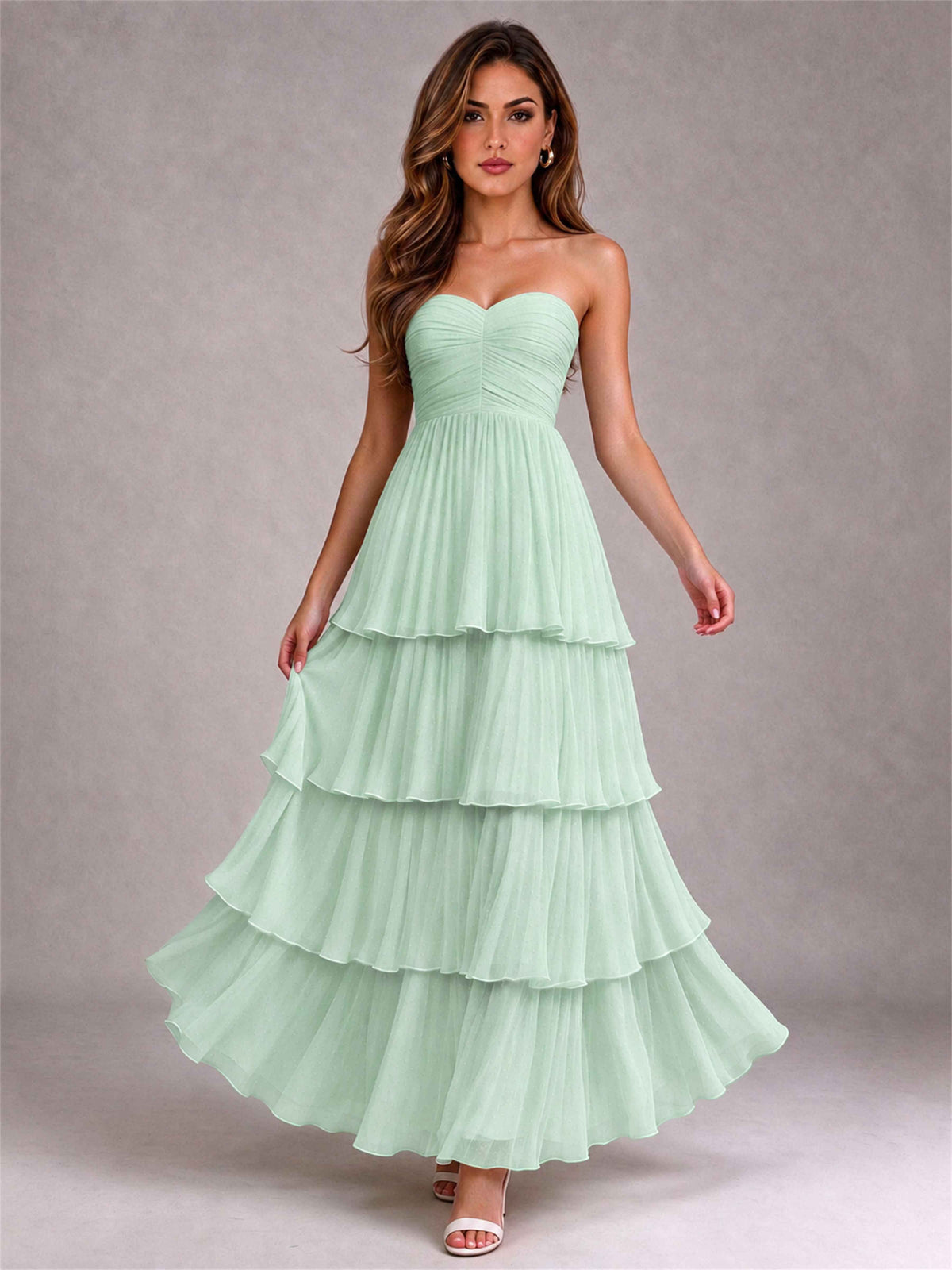Strapless A-Line Chiffon Tiered Pleated Floor-Length Wedding Guest Dress