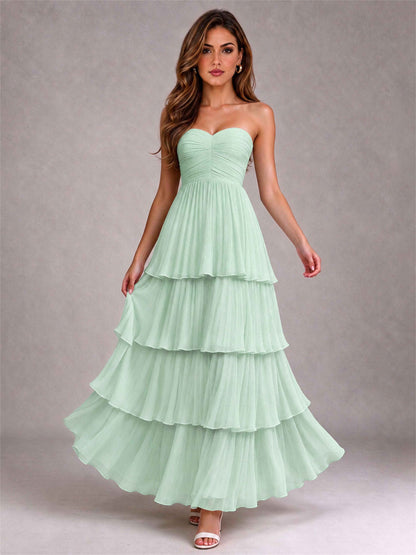Strapless A-Line Chiffon Tiered Pleated Floor-Length Wedding Guest Dress