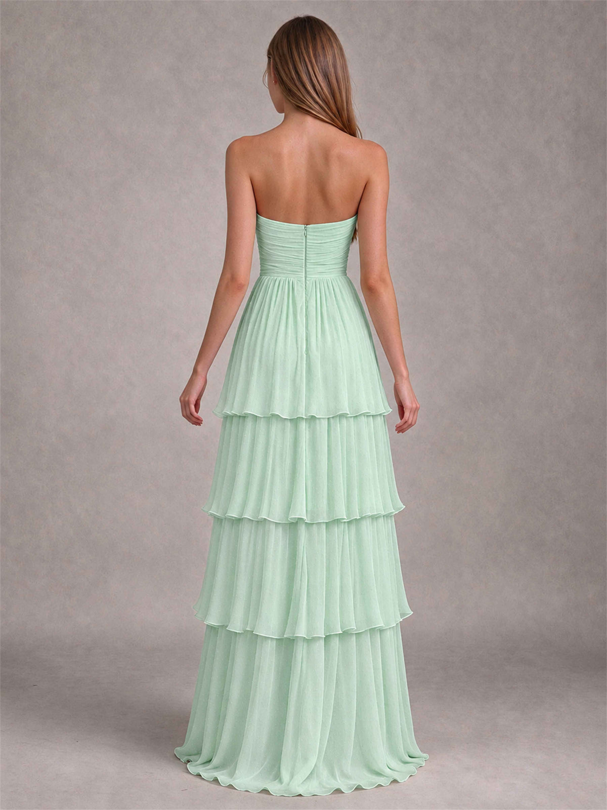 Strapless A-Line Chiffon Tiered Pleated Floor-Length Wedding Guest Dress