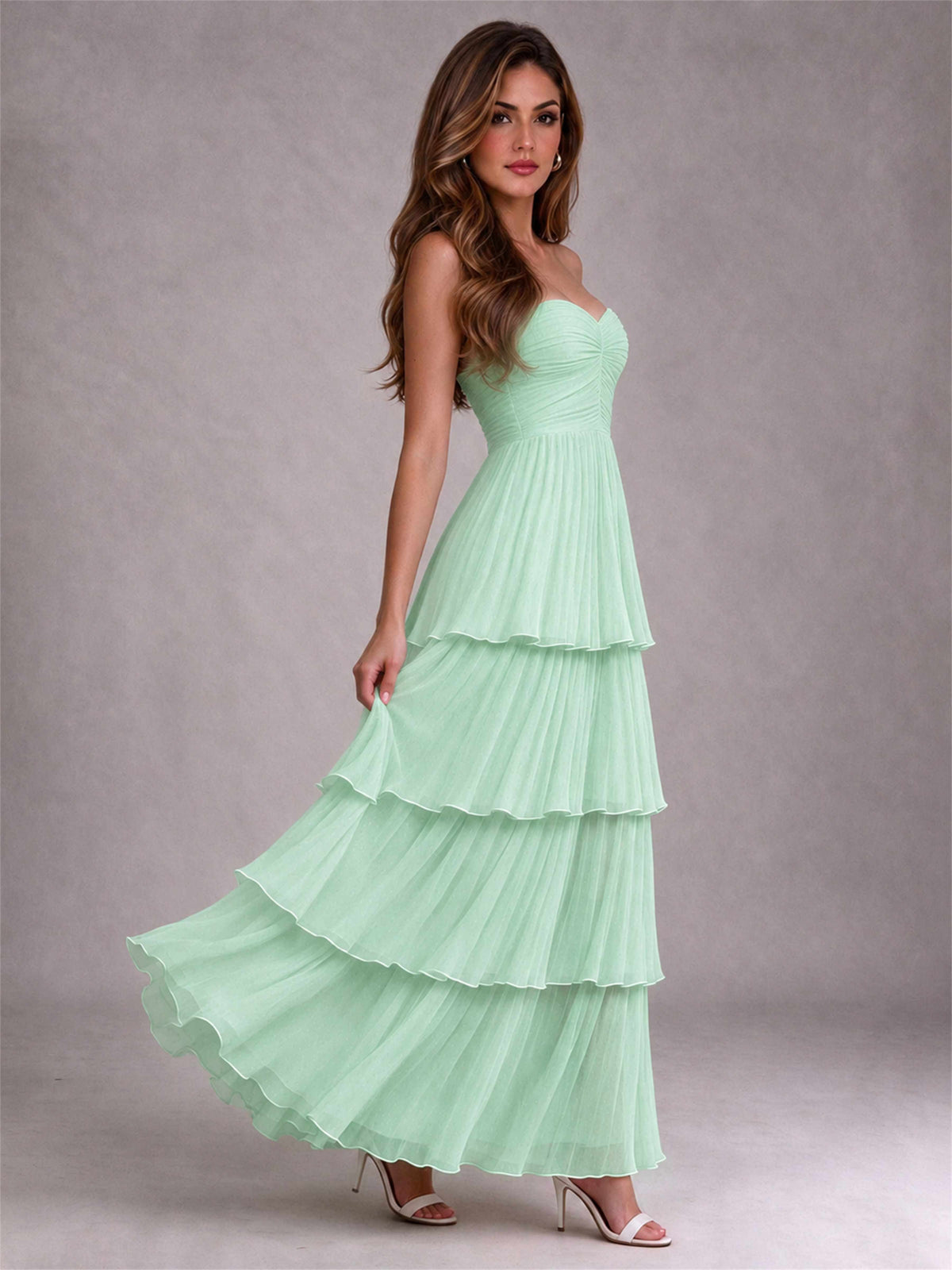 Strapless A-Line Chiffon Tiered Pleated Floor-Length Wedding Guest Dress