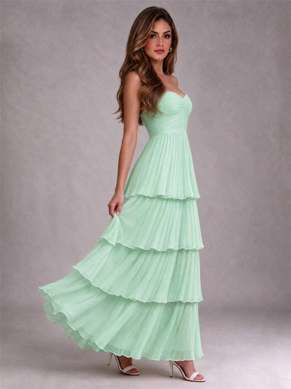 Strapless A-Line Chiffon Tiered Pleated Floor-Length Wedding Guest Dress