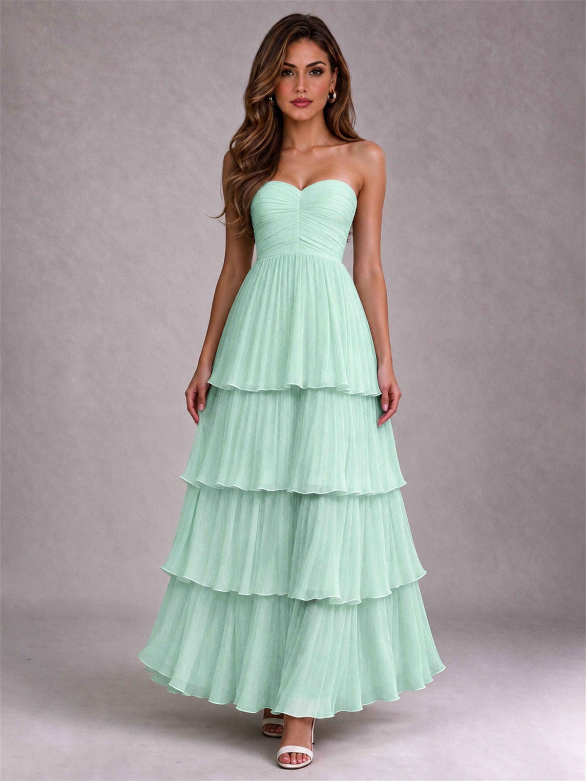 Strapless A-Line Chiffon Tiered Pleated Floor-Length Wedding Guest Dress