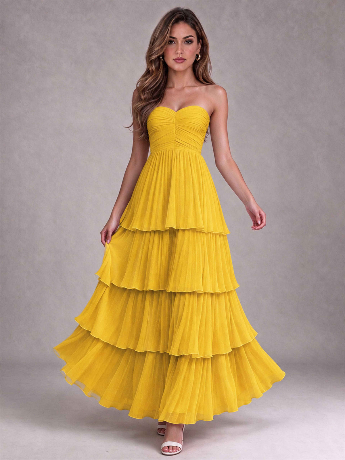 Strapless A-Line Chiffon Tiered Pleated Floor-Length Wedding Guest Dress