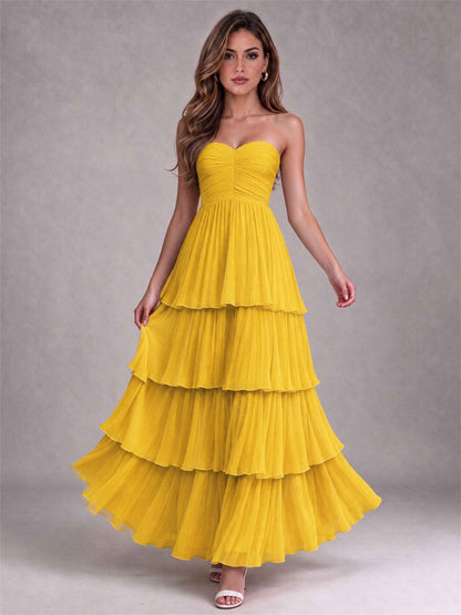 Strapless A-Line Chiffon Tiered Pleated Floor-Length Wedding Guest Dress