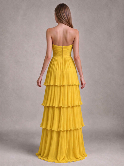 Strapless A-Line Chiffon Tiered Pleated Floor-Length Wedding Guest Dress