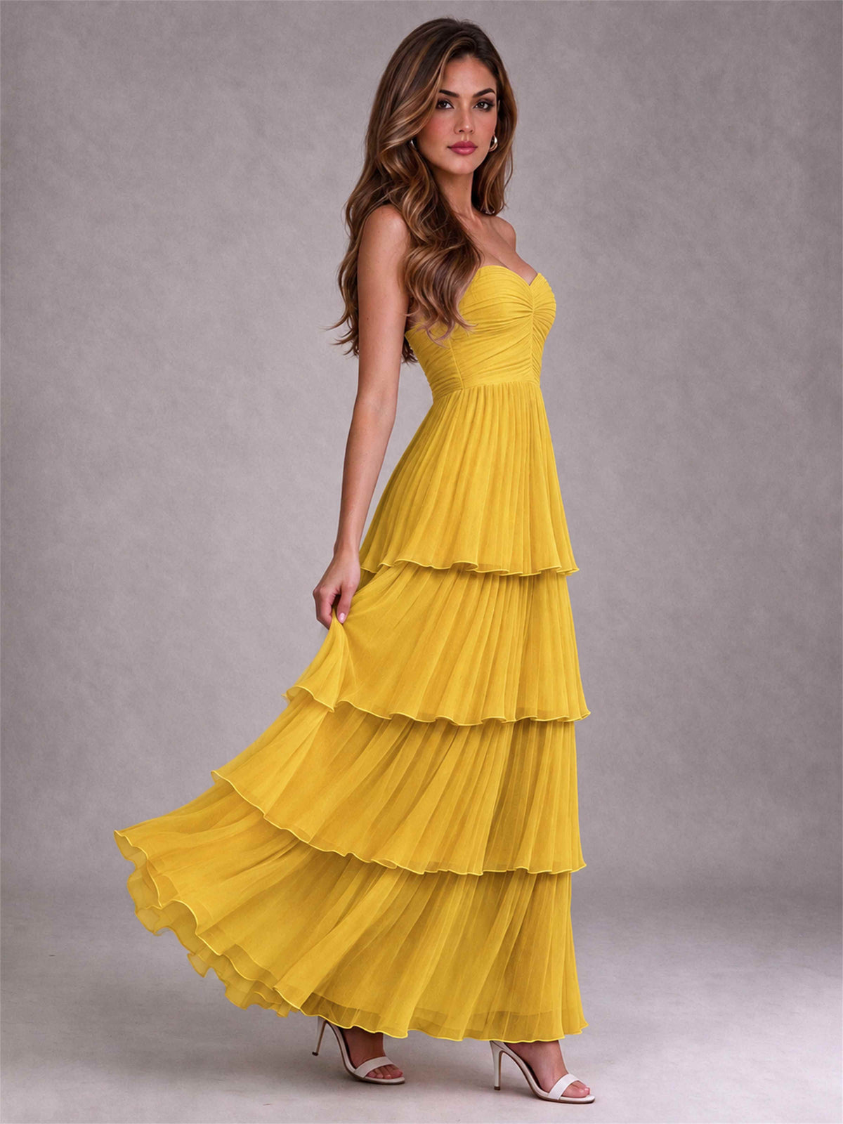 Strapless A-Line Chiffon Tiered Pleated Floor-Length Wedding Guest Dress