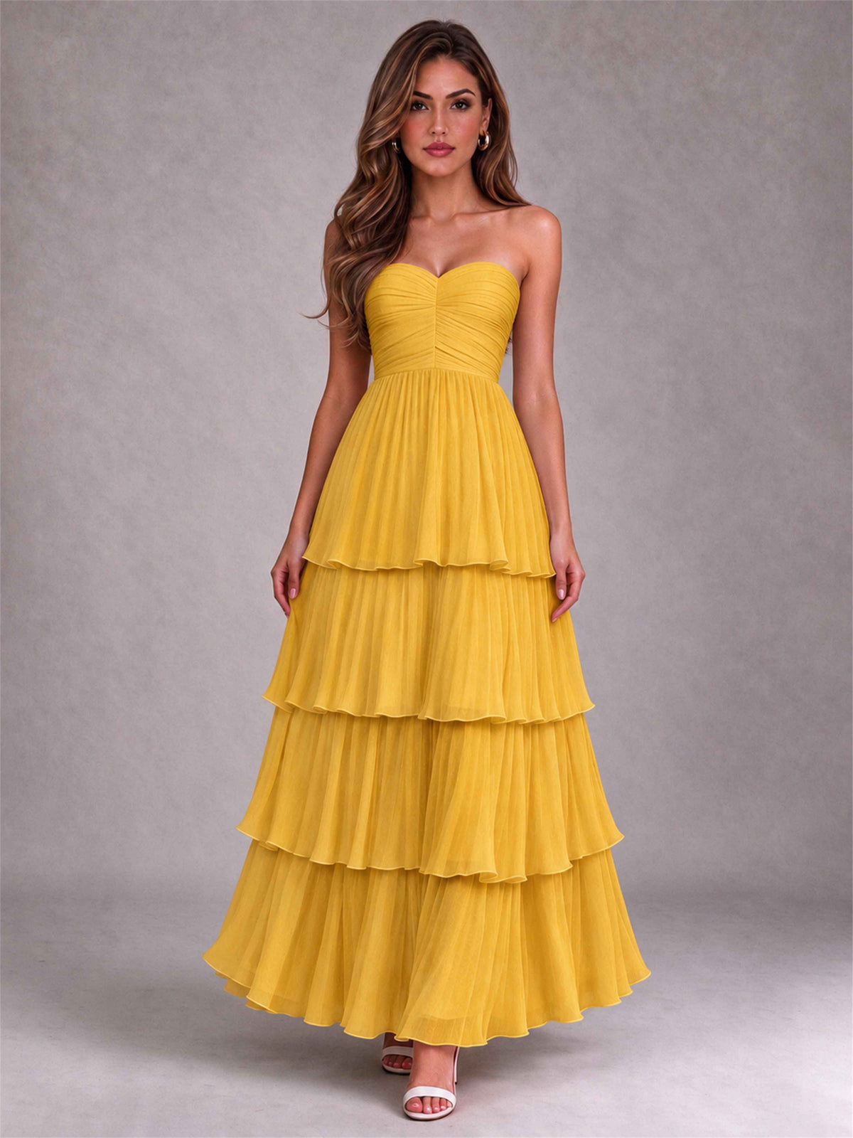 Strapless A-Line Chiffon Tiered Pleated Floor-Length Wedding Guest Dress
