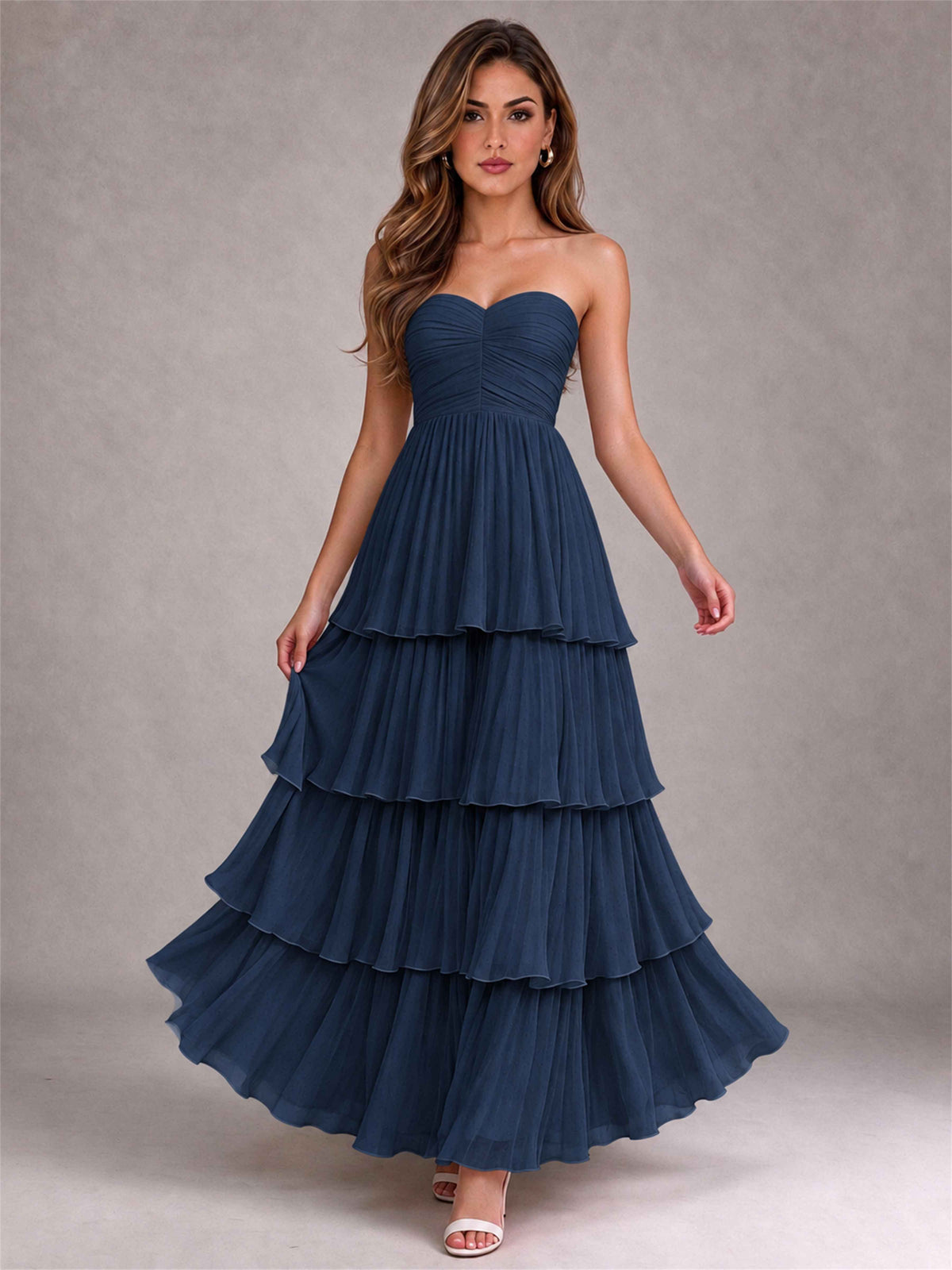 Strapless A-Line Chiffon Tiered Pleated Floor-Length Wedding Guest Dress