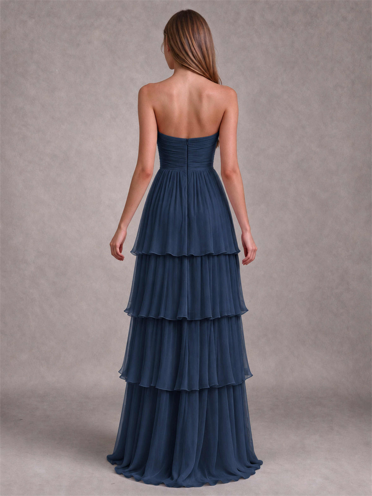 Strapless A-Line Chiffon Tiered Pleated Floor-Length Wedding Guest Dress