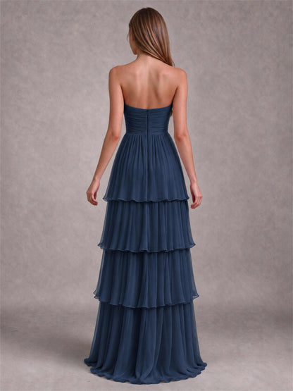 Strapless A-Line Chiffon Tiered Pleated Floor-Length Wedding Guest Dress