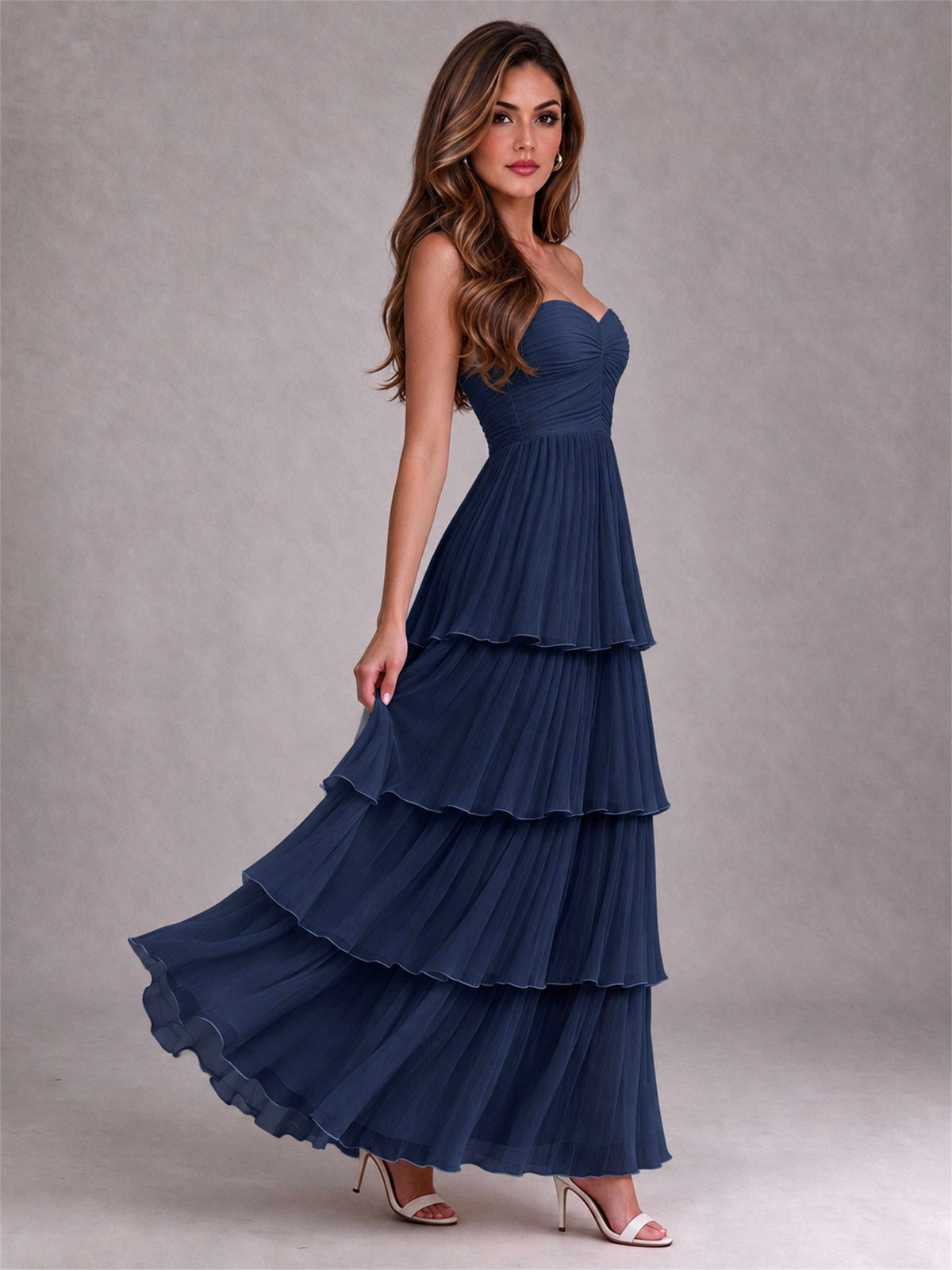 Strapless A-Line Chiffon Tiered Pleated Floor-Length Wedding Guest Dress