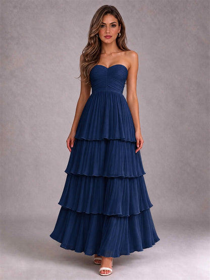 Strapless A-Line Chiffon Tiered Pleated Floor-Length Wedding Guest Dress