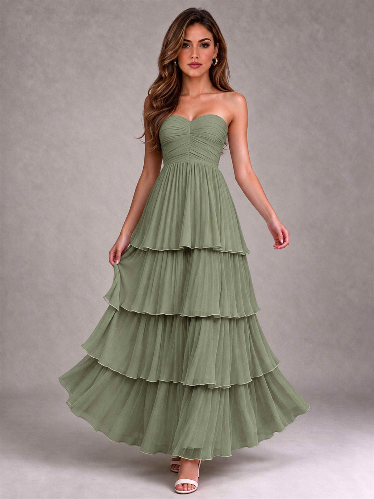 Strapless A-Line Chiffon Tiered Pleated Floor-Length Wedding Guest Dress