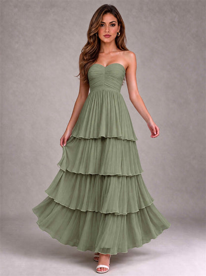 Strapless A-Line Chiffon Tiered Pleated Floor-Length Wedding Guest Dress
