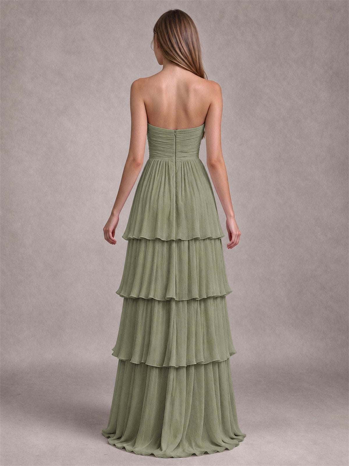 Strapless A-Line Chiffon Tiered Pleated Floor-Length Wedding Guest Dress