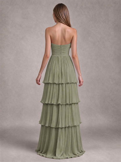 Strapless A-Line Chiffon Tiered Pleated Floor-Length Wedding Guest Dress