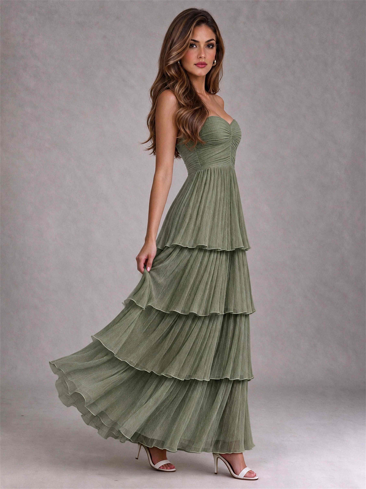 Strapless A-Line Chiffon Tiered Pleated Floor-Length Wedding Guest Dress