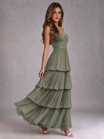 Strapless A-Line Chiffon Tiered Pleated Floor-Length Wedding Guest Dress
