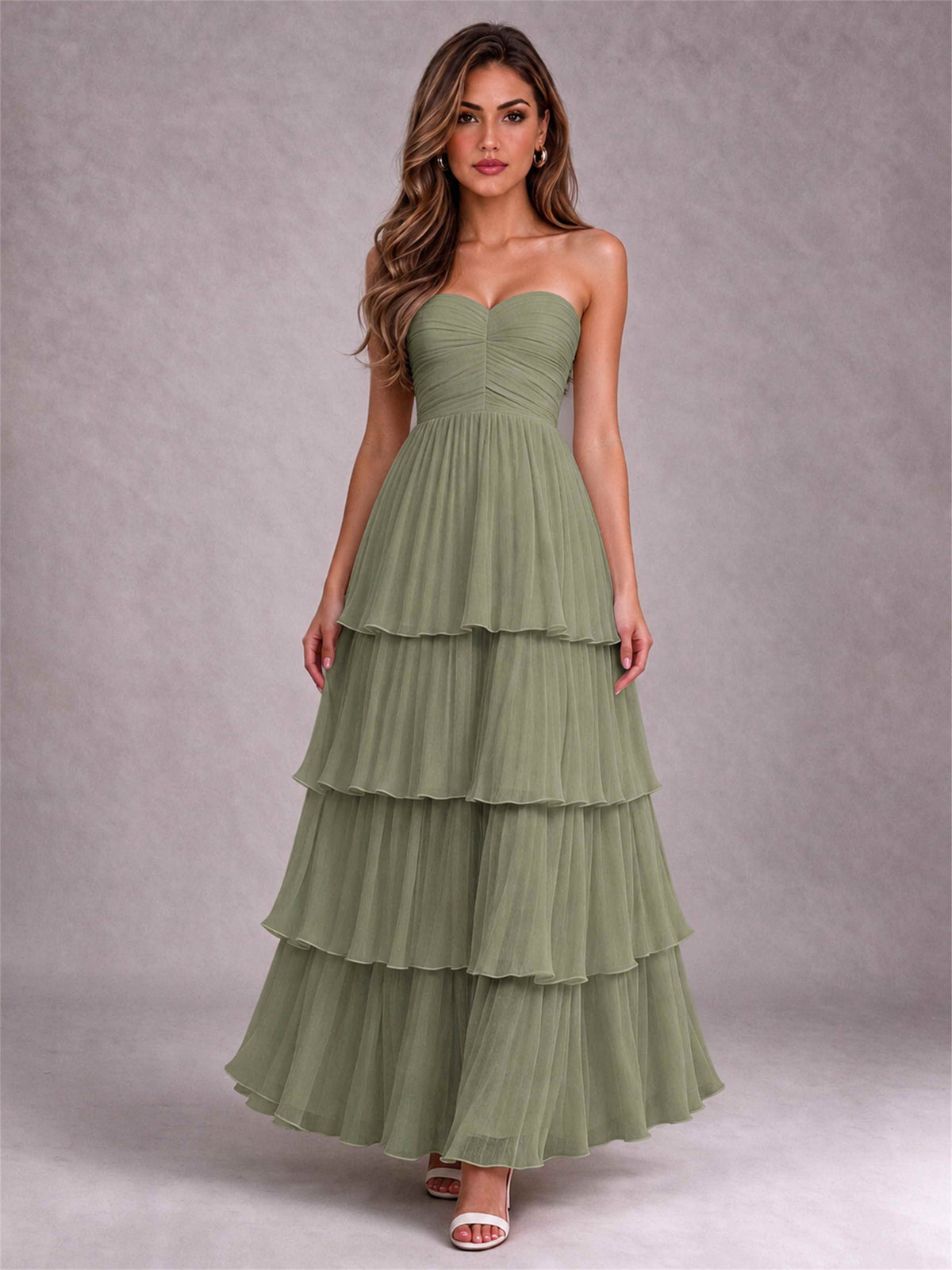 Strapless A-Line Chiffon Tiered Pleated Floor-Length Wedding Guest Dress