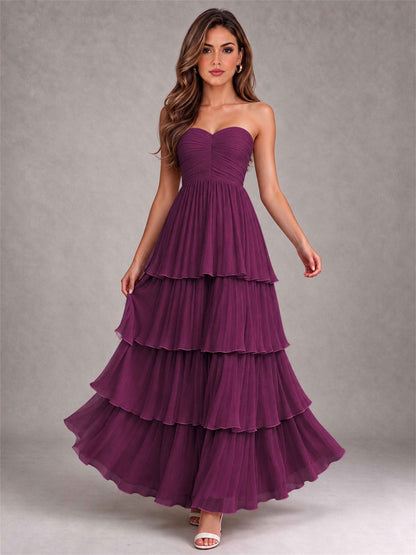 Strapless A-Line Chiffon Tiered Pleated Floor-Length Wedding Guest Dress