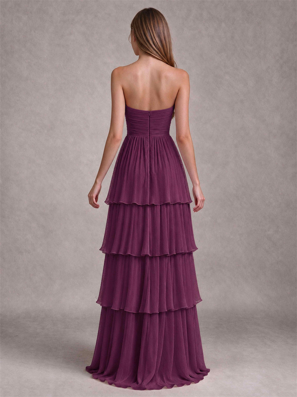 Strapless A-Line Chiffon Tiered Pleated Floor-Length Wedding Guest Dress