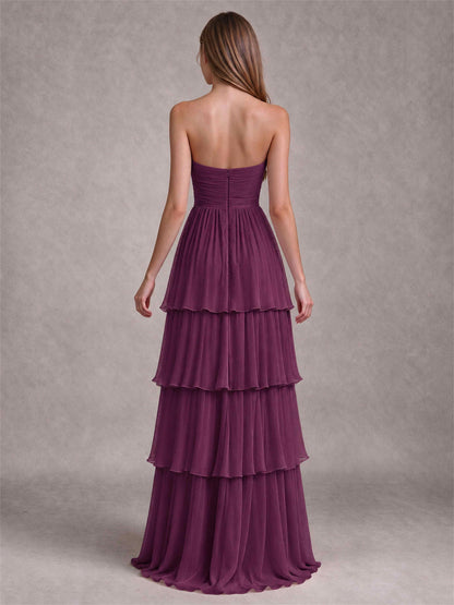 Strapless A-Line Chiffon Tiered Pleated Floor-Length Wedding Guest Dress